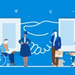 Diverse group of people, including a wheelchair user, connecting and collaborating across digital devices, representing inclusive digital participation